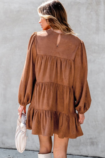 Chestnut Floral Lace Crochet Tiered Ruffled Mini Dress - Love Salve 