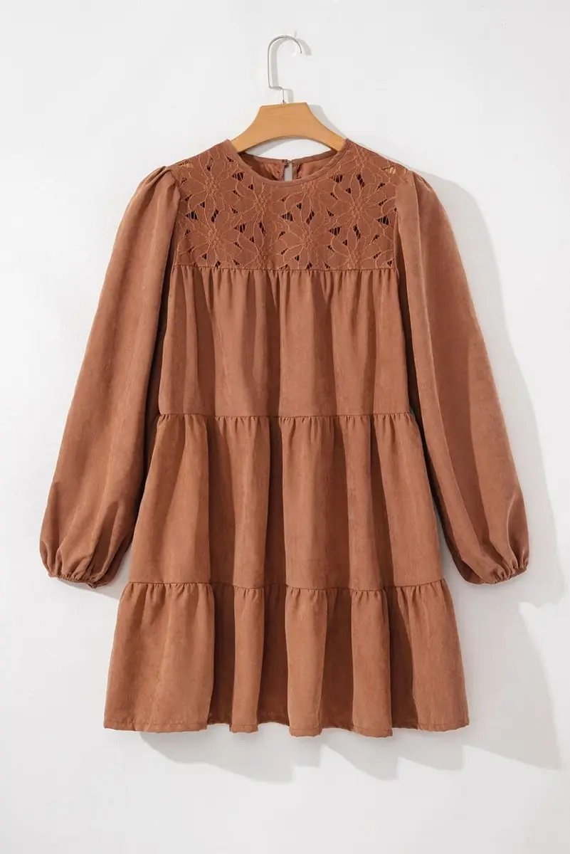Chestnut Floral Lace Crochet Tiered Ruffled Mini Dress - Love Salve 