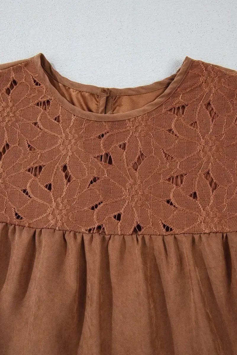 Chestnut Floral Lace Crochet Tiered Ruffled Mini Dress - Love Salve 