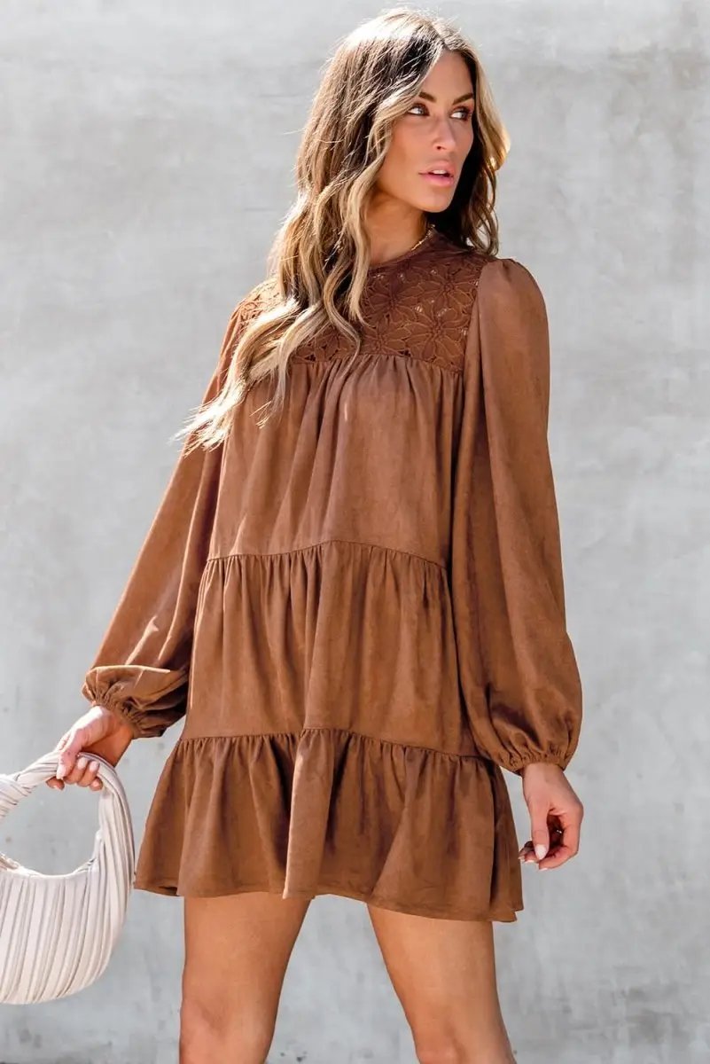 Chestnut Floral Lace Crochet Tiered Ruffled Mini Dress - Love Salve 