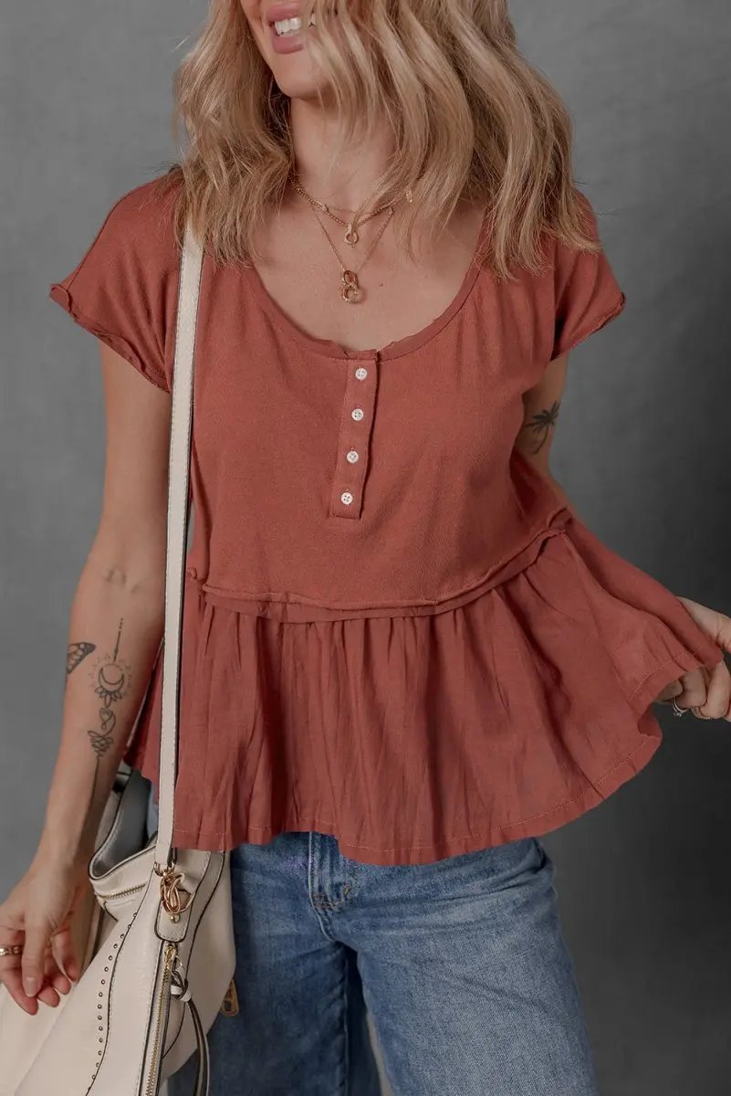 Chestnut Short Sleeve U Neck Buttons Splicing Ruffle Blouse - Love Salve 
