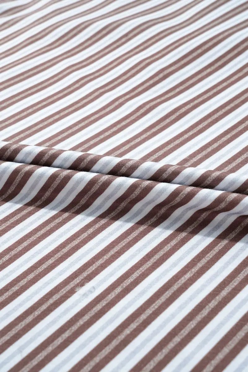 Chestnut Striped Stand V Neck Short Sleeve Blouse for Women - Love Salve 