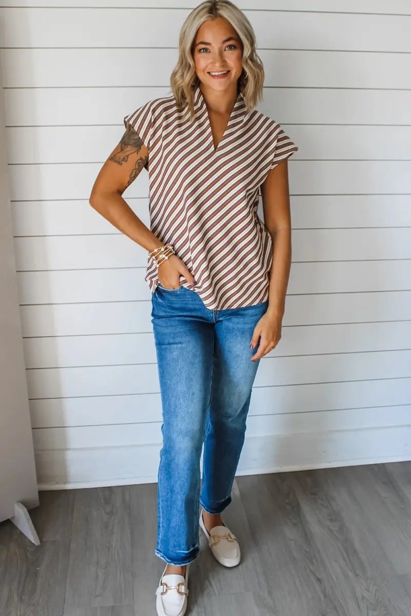 Chestnut Striped Stand V Neck Short Sleeve Blouse for Women - Love Salve 