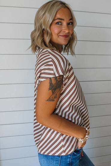 Chestnut Striped Stand V Neck Short Sleeve Blouse for Women - Love Salve 
