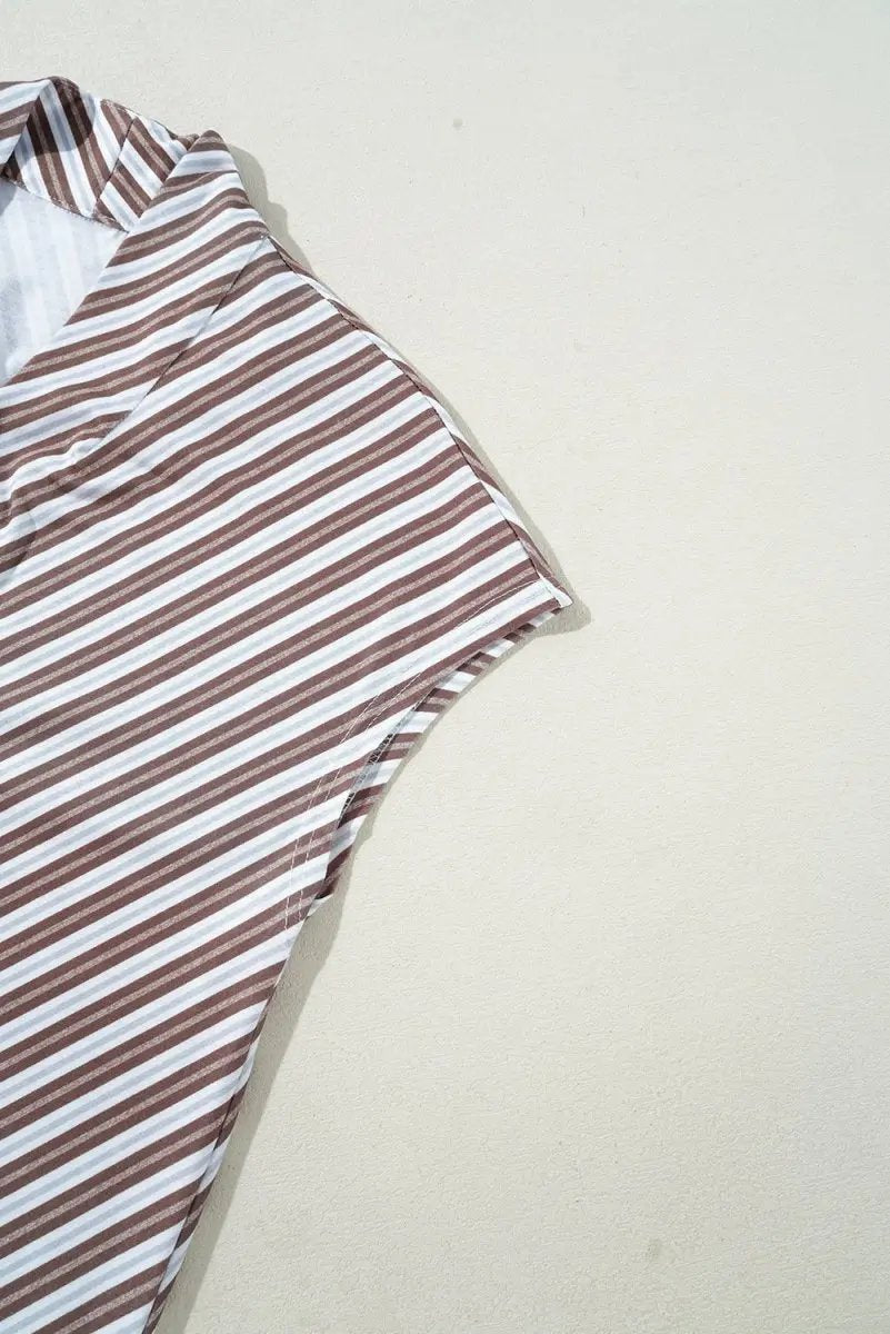 Chestnut Striped Stand V Neck Short Sleeve Blouse for Women - Love Salve 