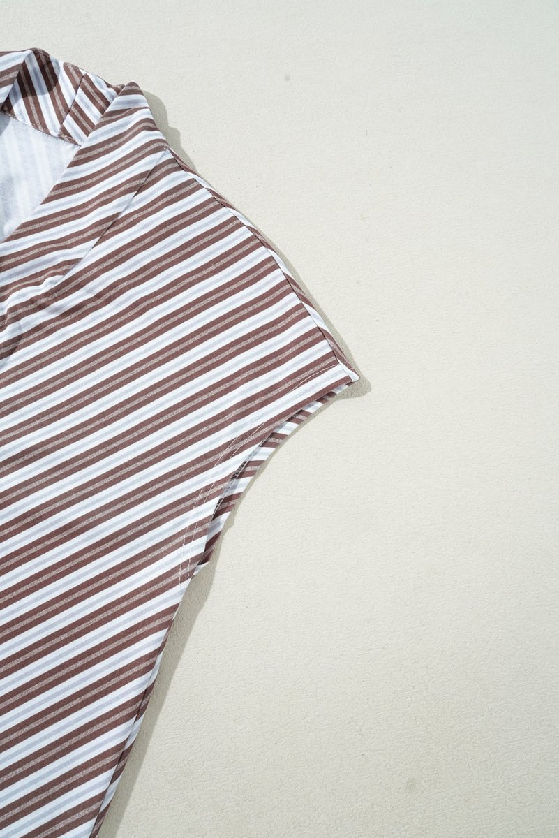 Chestnut Striped Stand V Neck Short Sleeve Blouse for Women - Love Salve 