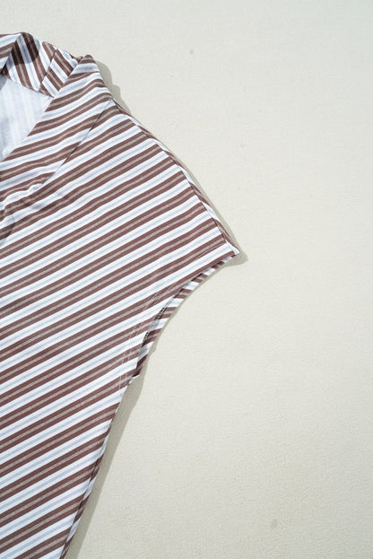 Chestnut Striped Stand V Neck Short Sleeve Blouse for Women - Love Salve 