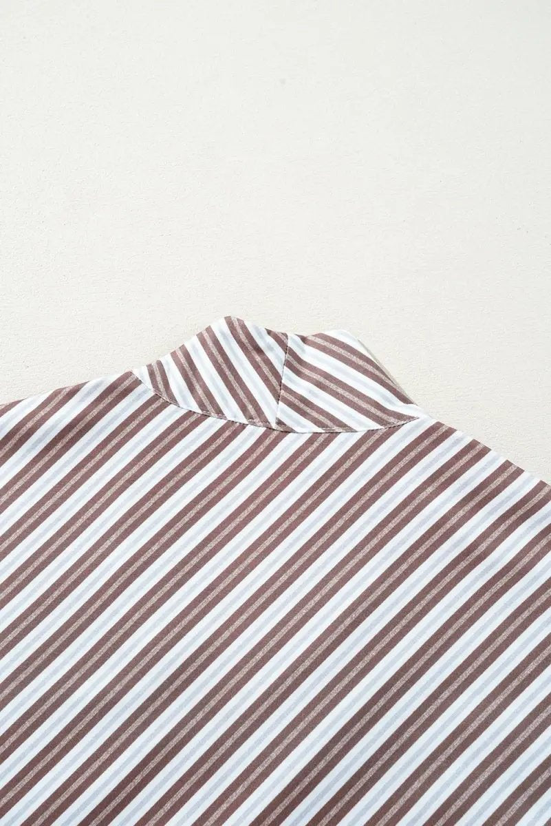 Chestnut Striped Stand V Neck Short Sleeve Blouse for Women - Love Salve 