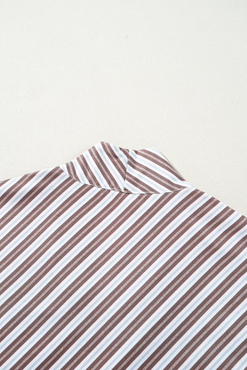 Chestnut Striped Stand V Neck Short Sleeve Blouse for Women - Love Salve 