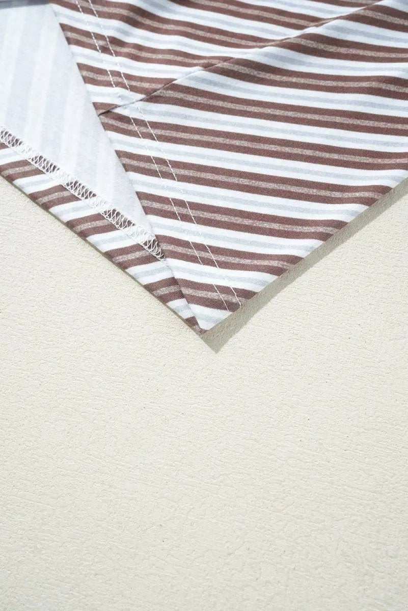 Chestnut Striped Stand V Neck Short Sleeve Blouse for Women - Love Salve 