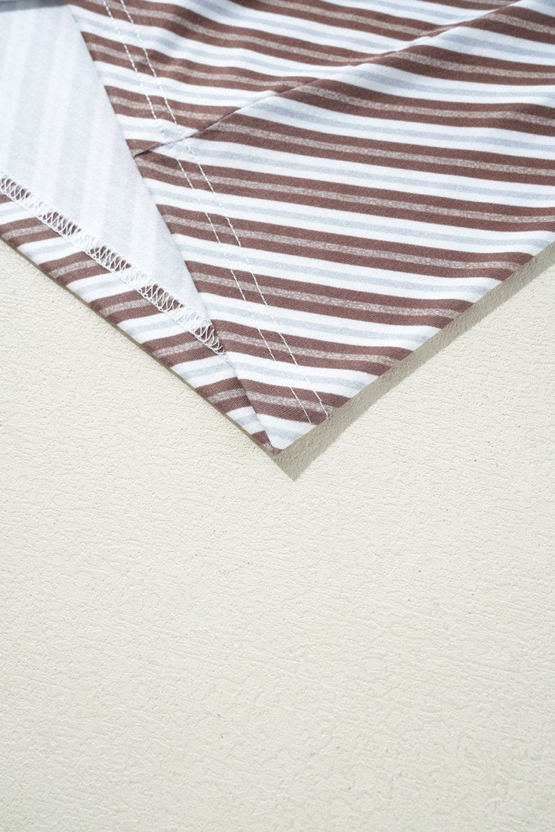 Chestnut Striped Stand V Neck Short Sleeve Blouse for Women - Love Salve 