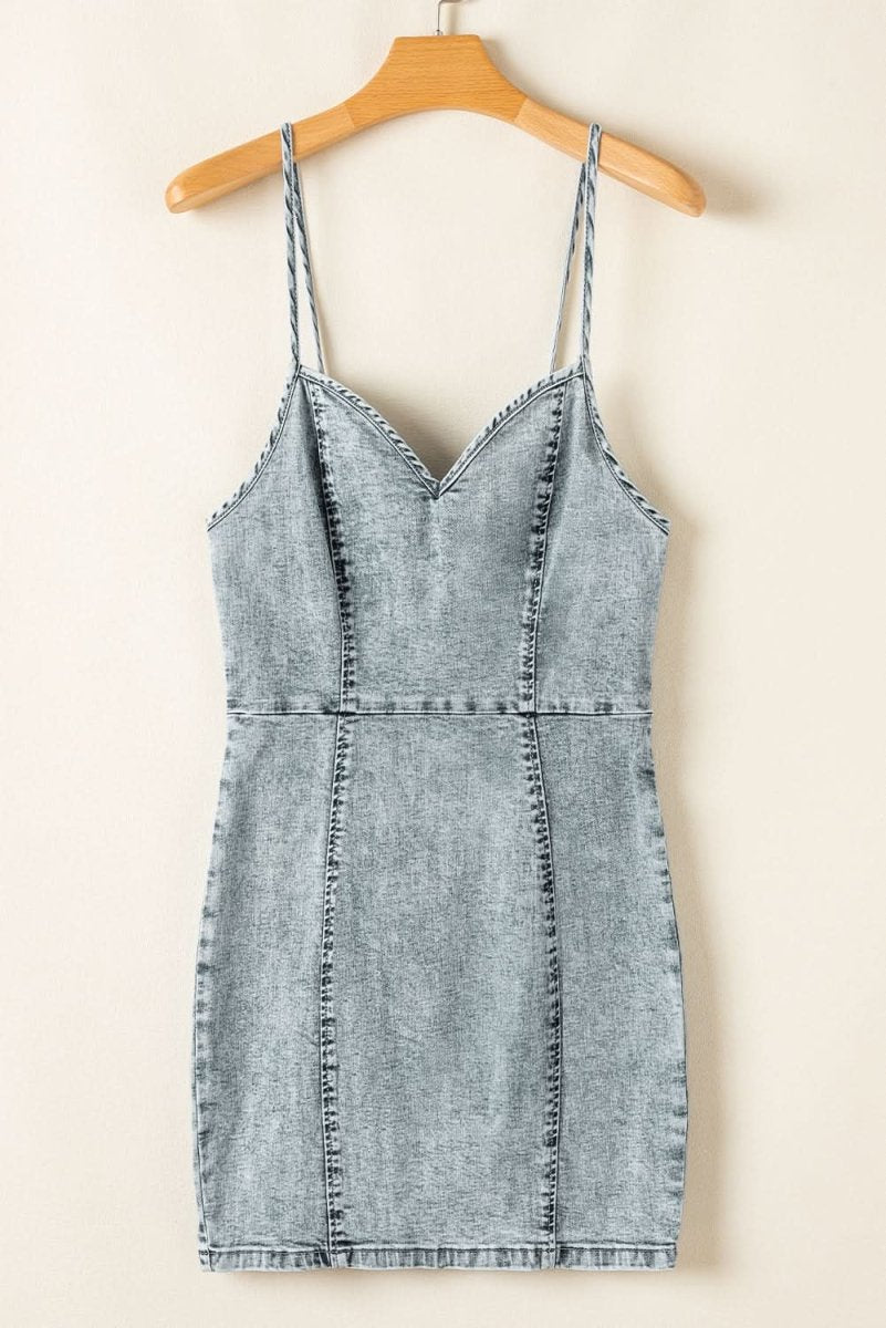 Chic Beau Blue Sleeveless V-Neck Denim Sheath Dress with Back Zip - Love Salve 