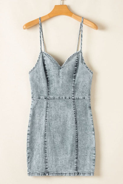 Chic Beau Blue Sleeveless V-Neck Denim Sheath Dress with Back Zip - Love Salve 