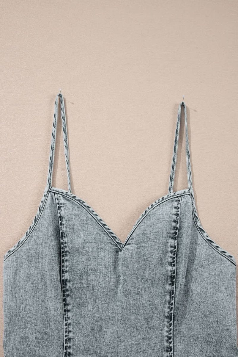 Chic Beau Blue Sleeveless V-Neck Denim Sheath Dress with Back Zip - Love Salve 
