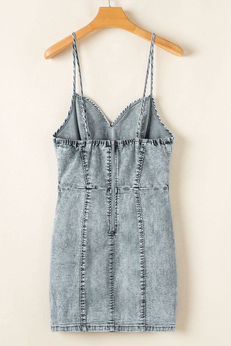 Chic Beau Blue Sleeveless V-Neck Denim Sheath Dress with Back Zip - Love Salve 