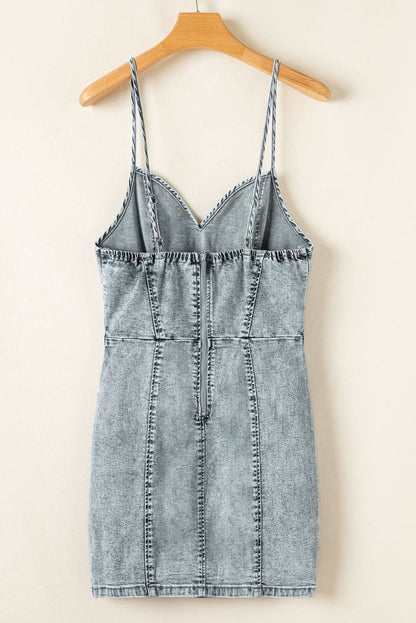 Chic Beau Blue Sleeveless V-Neck Denim Sheath Dress with Back Zip - Love Salve 