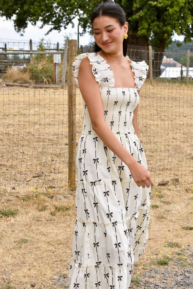 Chic Black Bow Print Tiered Maxi Dress with Ruffled Straps - Love Salve 