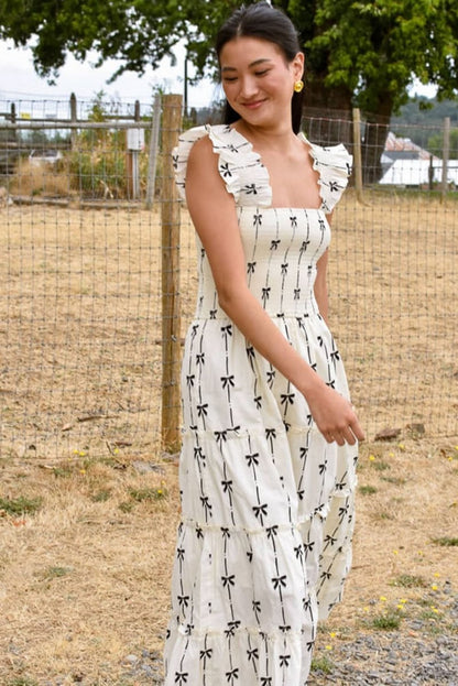 Chic Black Bow Print Tiered Maxi Dress with Ruffled Straps - Love Salve 