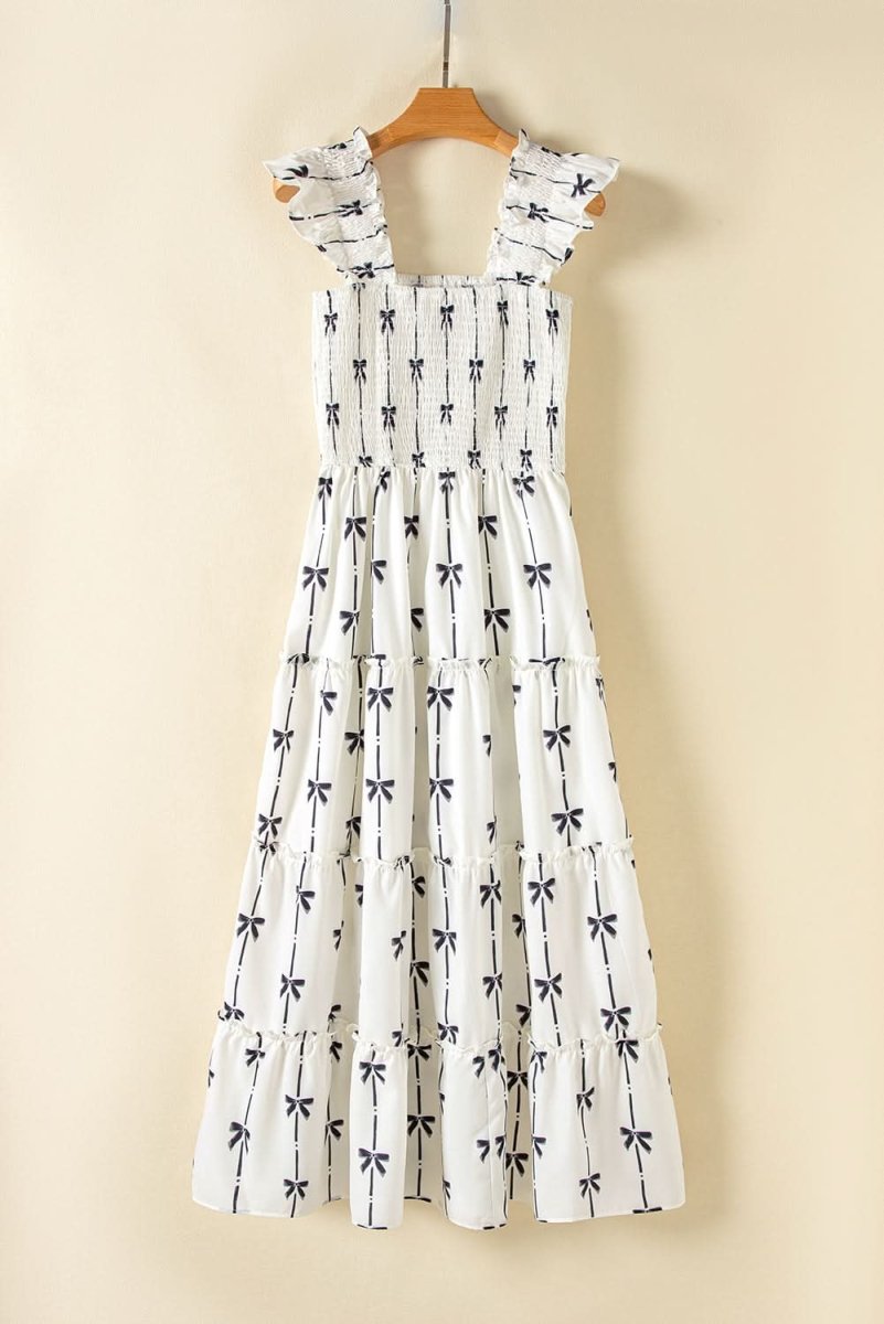 Chic Black Bow Print Tiered Maxi Dress with Ruffled Straps - Love Salve 