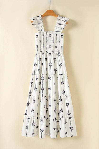 Chic Black Bow Print Tiered Maxi Dress with Ruffled Straps - Love Salve 