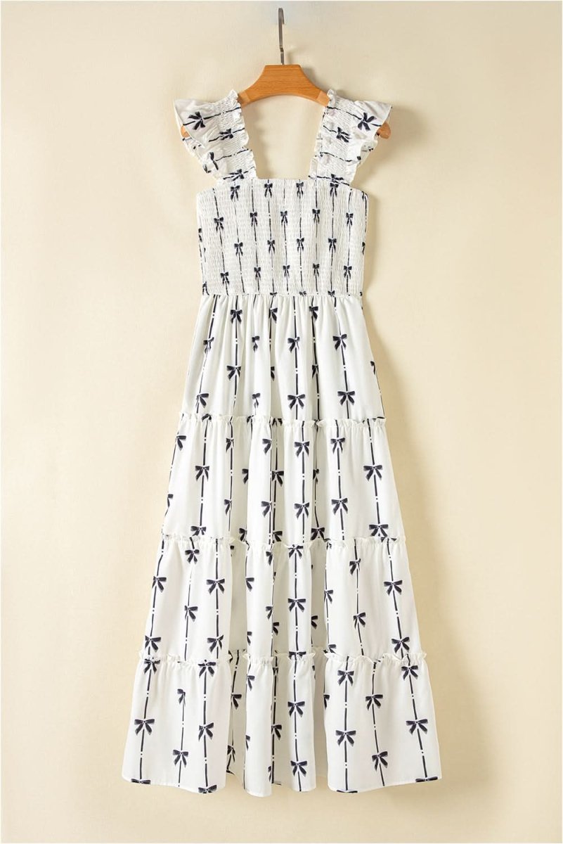 Chic Black Bow Print Tiered Maxi Dress with Ruffled Straps - Love Salve 