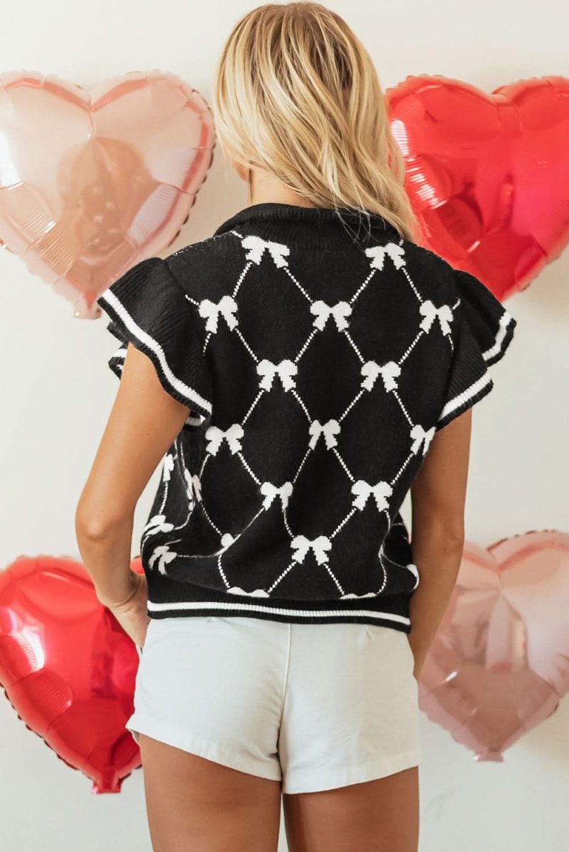 Chic Black Bow Print Zip-Front Sweater Tee - Love Salve 