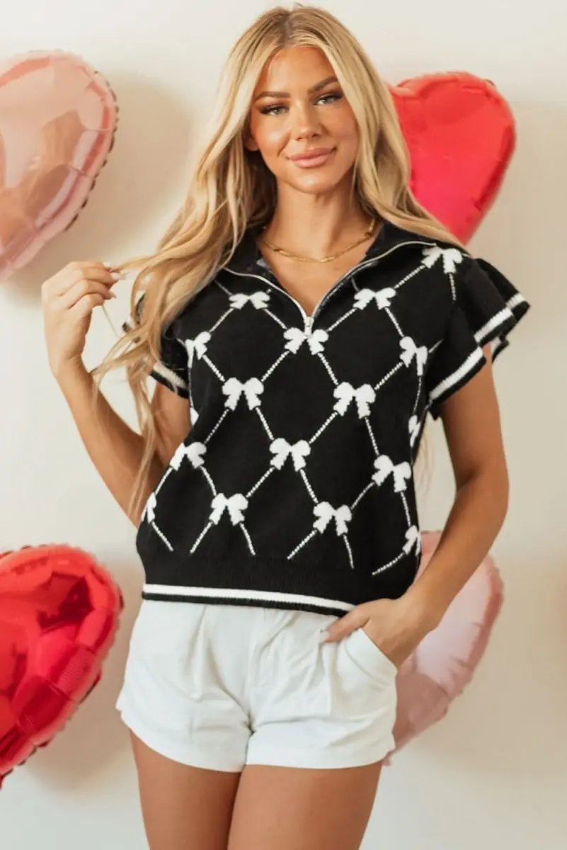 Chic Black Bow Print Zip-Front Sweater Tee - Love Salve 