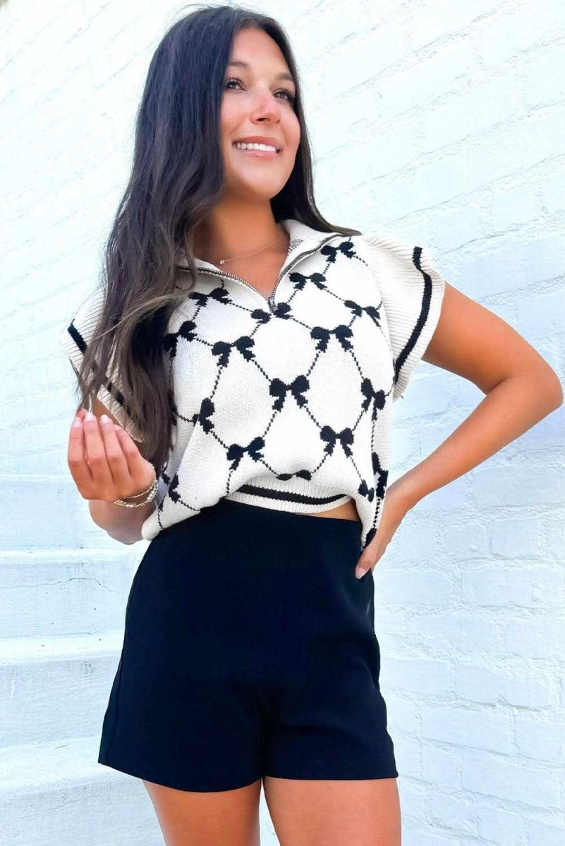 Chic Black Bow Print Zipped Collar Short Sleeve Sweater Tee - Love Salve 