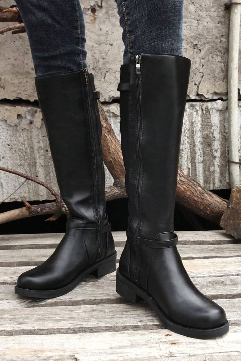 Chic Black Knee - High Faux Leather Boots with Side Zipper and Chunky Heel - Love Salve