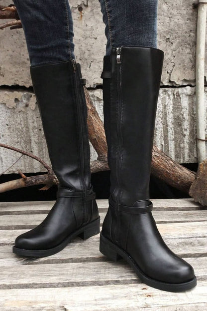 Chic Black Knee - High Faux Leather Boots with Side Zipper and Chunky Heel - Love Salve