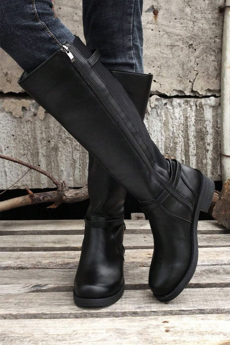 Chic Black Knee - High Faux Leather Boots with Side Zipper and Chunky Heel - Love Salve
