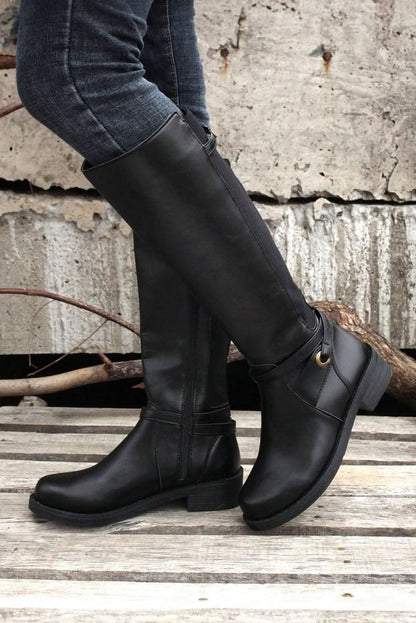 Chic Black Knee - High Faux Leather Boots with Side Zipper and Chunky Heel - Love Salve