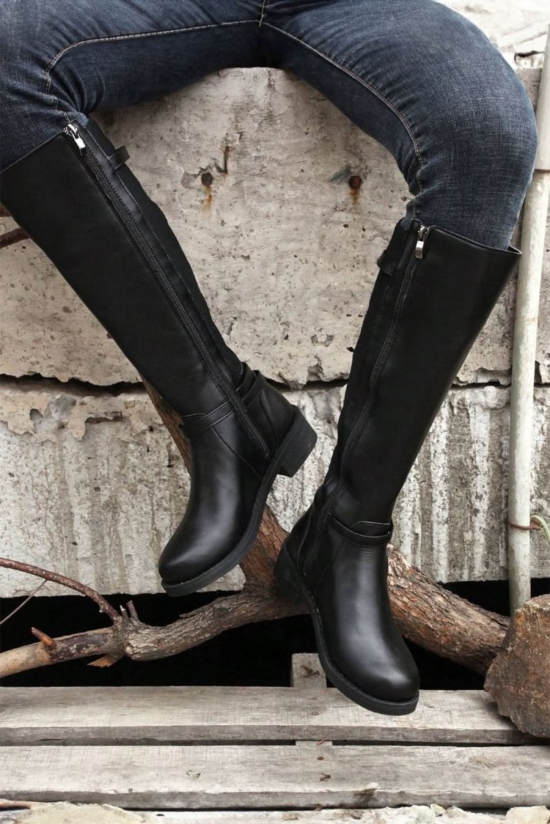 Chic Black Knee - High Faux Leather Boots with Side Zipper and Chunky Heel - Love Salve
