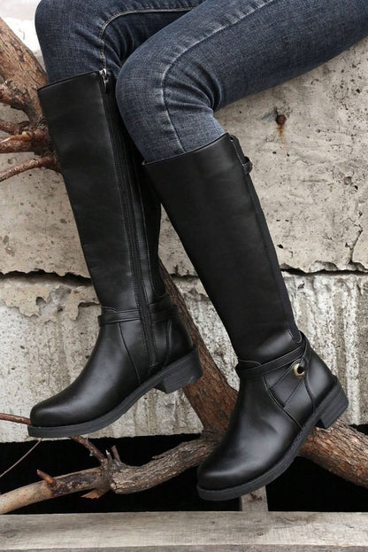 Chic Black Knee - High Faux Leather Boots with Side Zipper and Chunky Heel - Love Salve