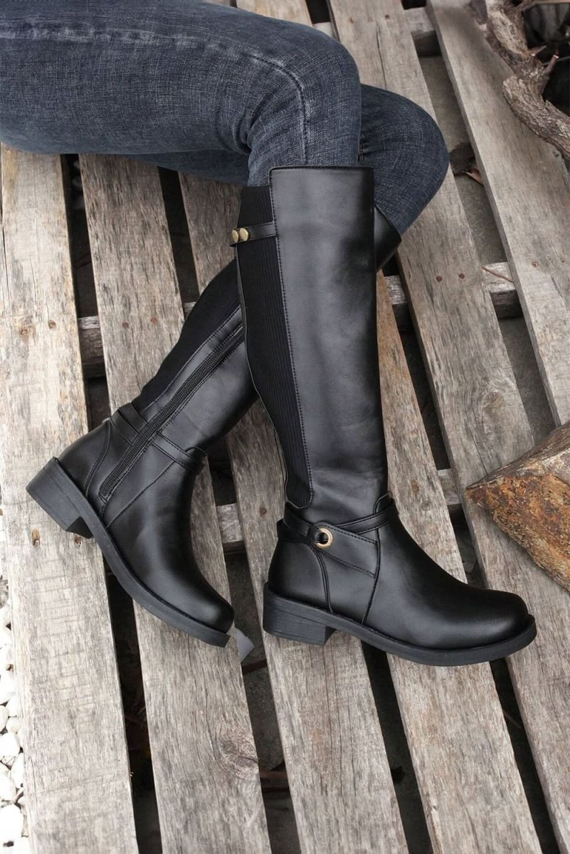 Chic Black Knee - High Faux Leather Boots with Side Zipper and Chunky Heel - Love Salve