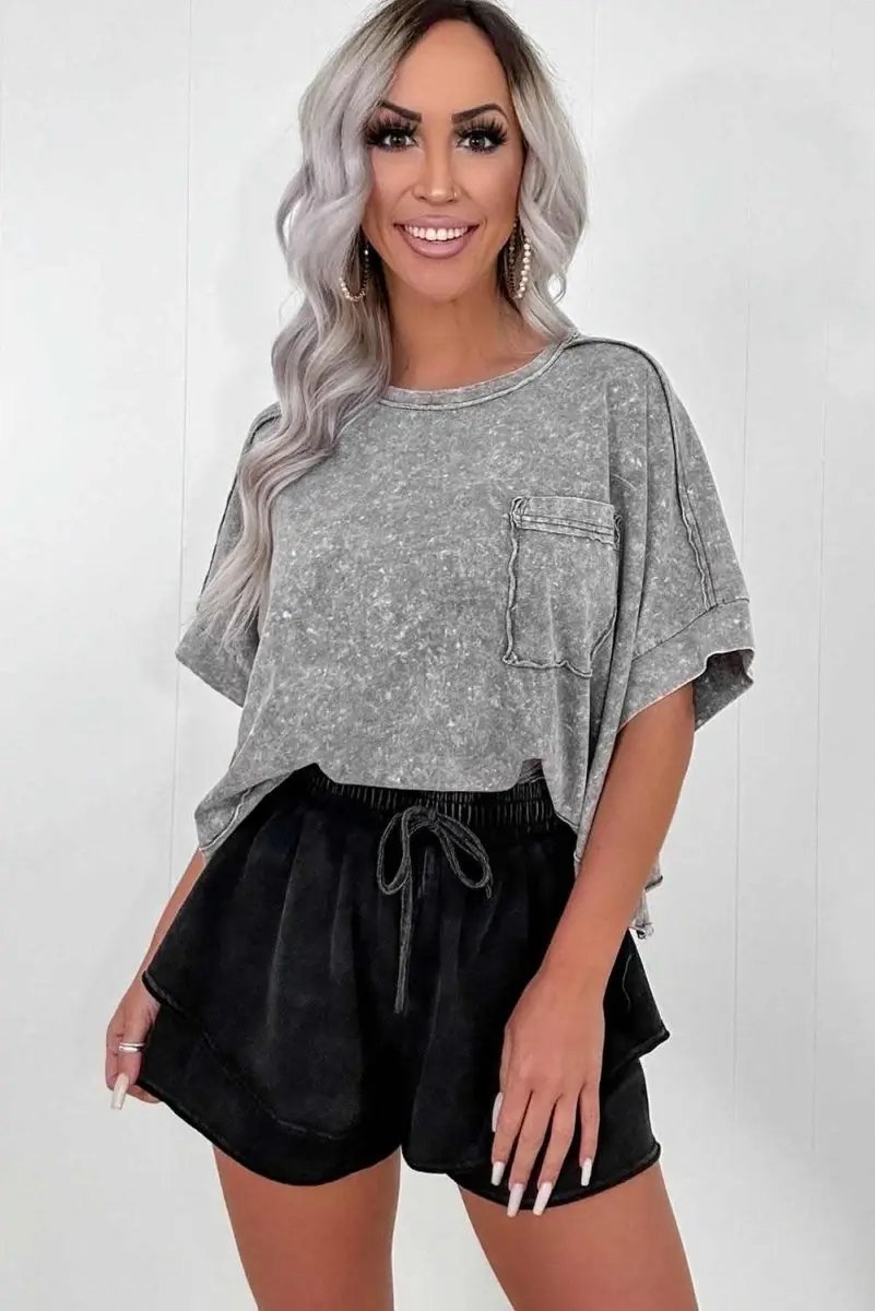 Chic Black Mineral Wash High-Waisted French Terry Casual Shorts - Love Salve 