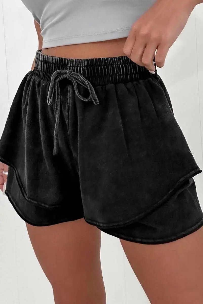 Chic Black Mineral Wash High-Waisted French Terry Casual Shorts - Love Salve 