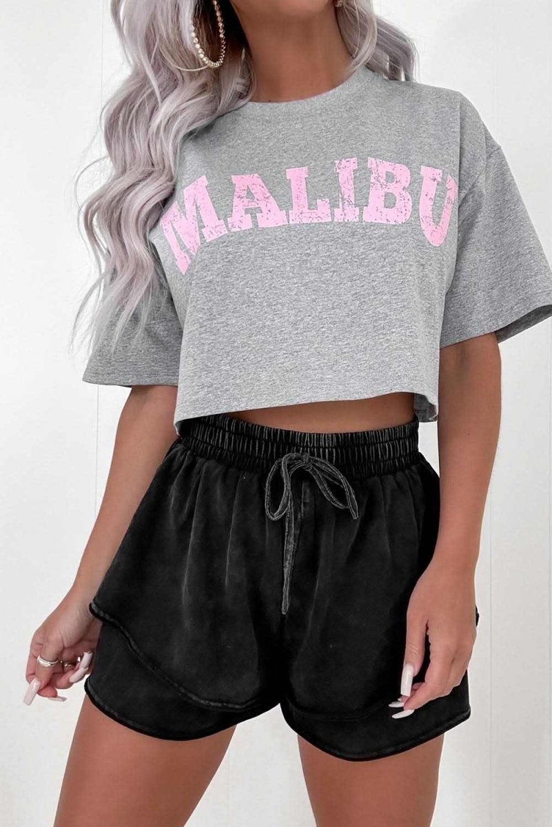 Chic Black Mineral Wash High-Waisted French Terry Casual Shorts - Love Salve 