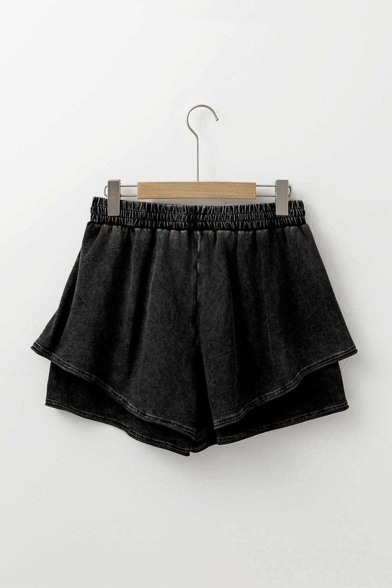 Chic Black Mineral Wash High-Waisted French Terry Casual Shorts - Love Salve 