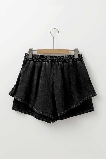 Chic Black Mineral Wash High-Waisted French Terry Casual Shorts - Love Salve 