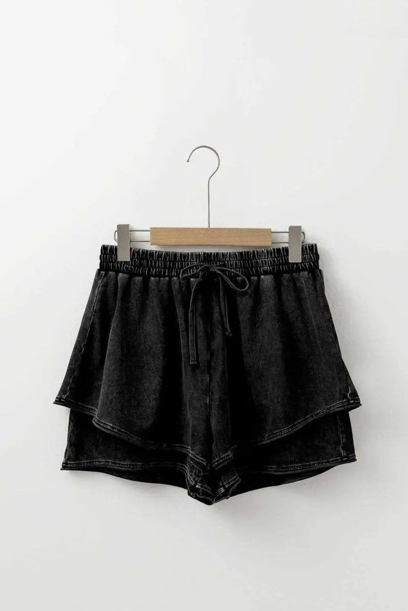 Chic Black Mineral Wash High-Waisted French Terry Casual Shorts - Love Salve 