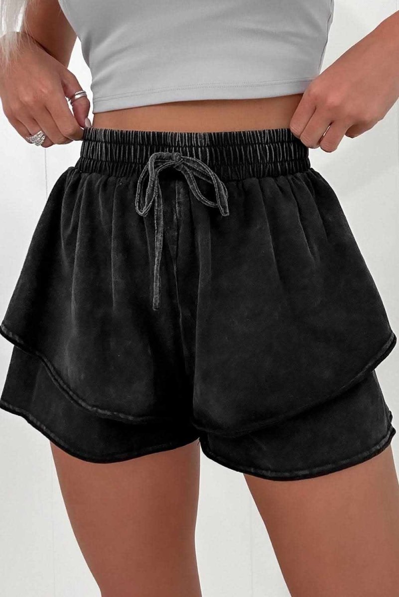 Chic Black Mineral Wash High-Waisted French Terry Casual Shorts - Love Salve 