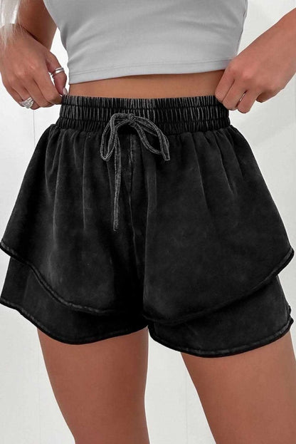 Chic Black Mineral Wash High-Waisted French Terry Casual Shorts - Love Salve 