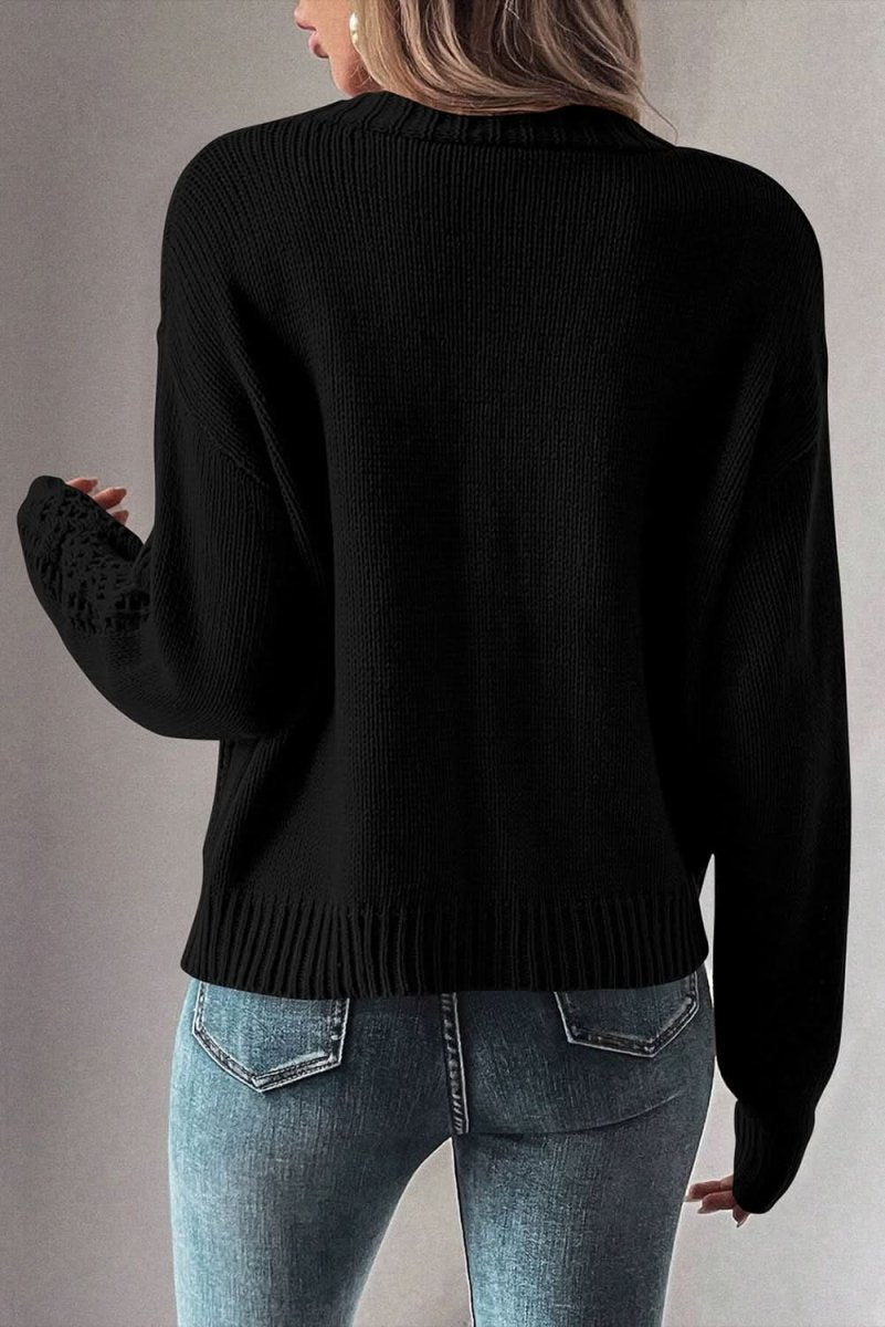 Chic Black Open Knit Drop Shoulder Cardigan Sweater - Love Salve 