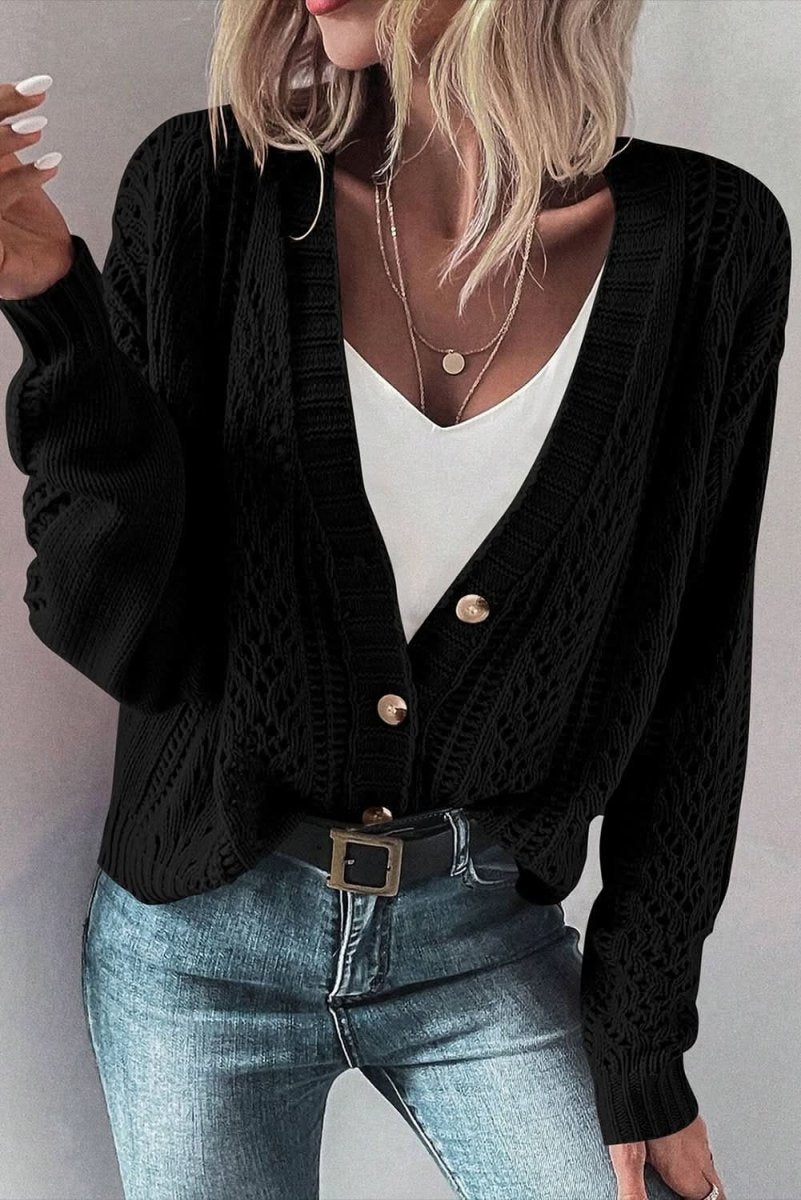 Chic Black Open Knit Drop Shoulder Cardigan Sweater - Love Salve 