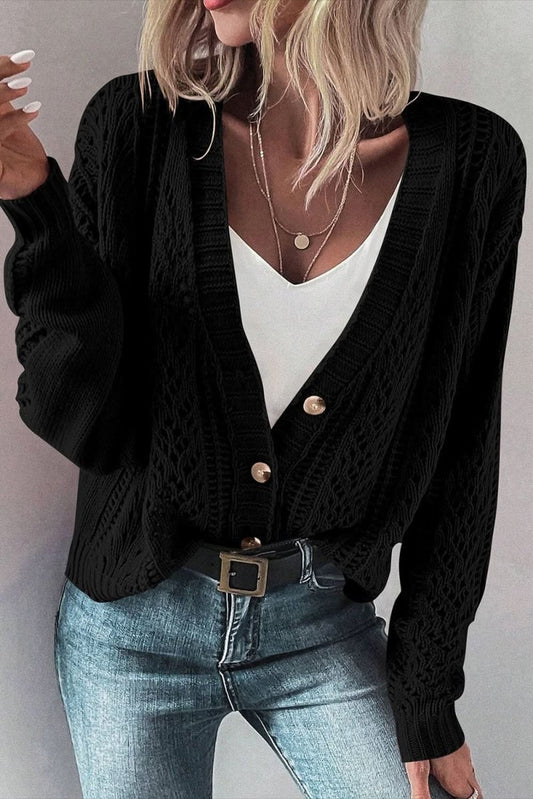 Chic Black Open Knit Drop Shoulder Cardigan Sweater - Love Salve