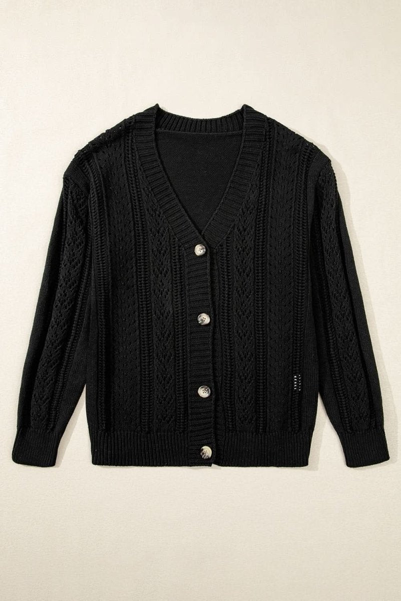Chic Black Open Knit Drop Shoulder Cardigan Sweater - Love Salve 