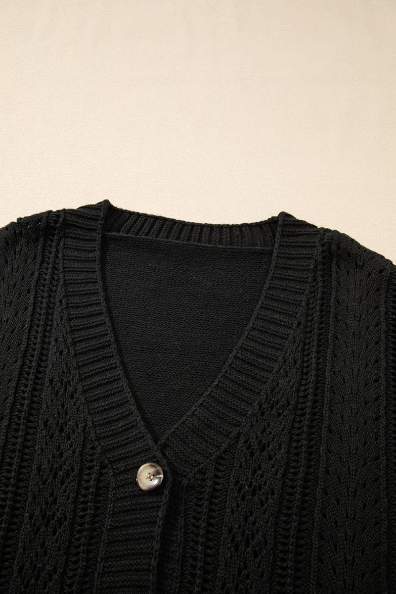 Chic Black Open Knit Drop Shoulder Cardigan Sweater - Love Salve 