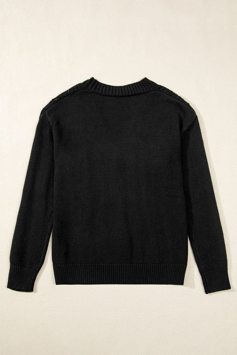 Chic Black Open Knit Drop Shoulder Cardigan Sweater - Love Salve 