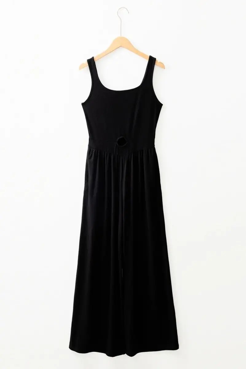 Chic Black Peekaboo Wide Leg Jumpsuit with Square Neck and Sleeveless Design - Love Salve 